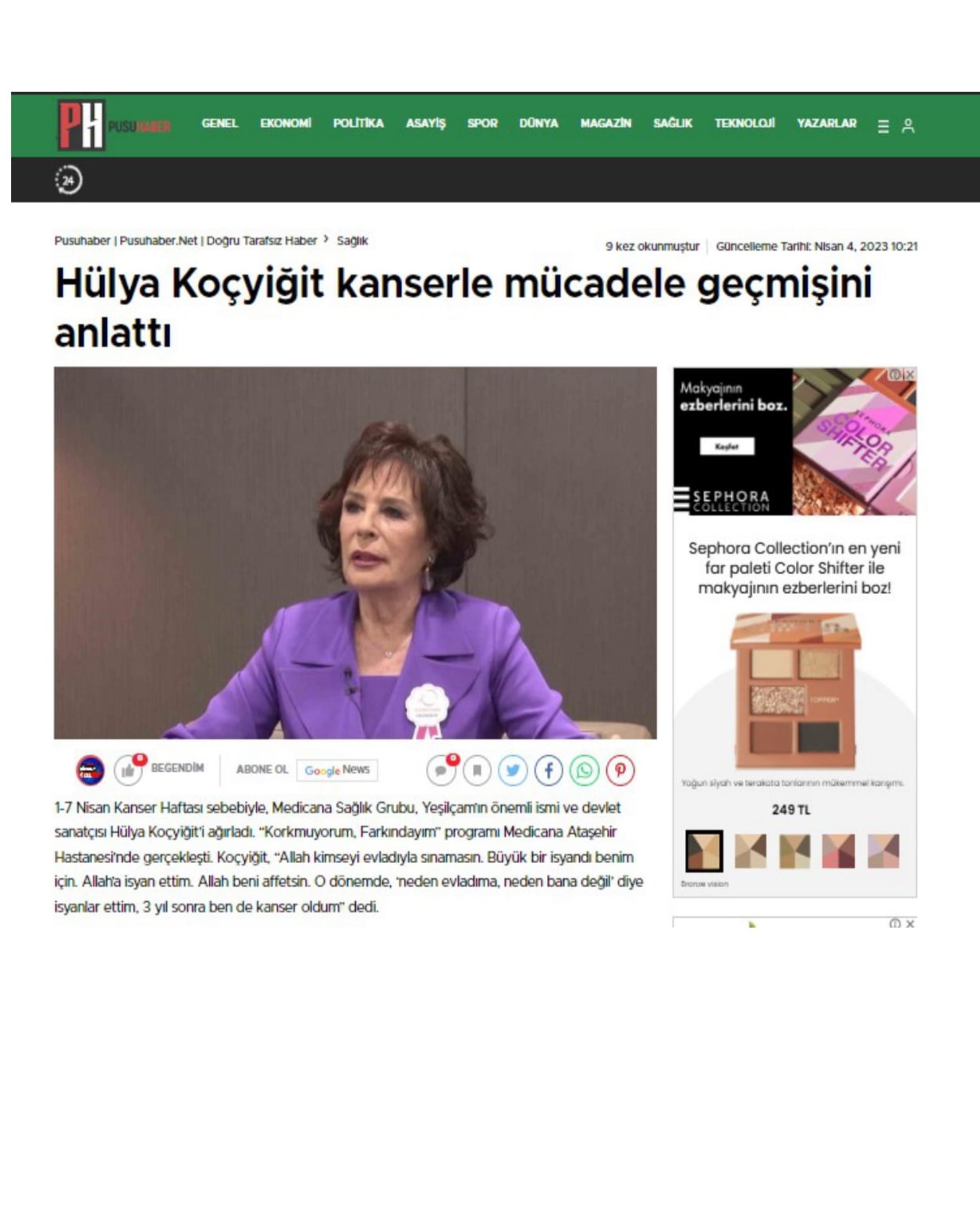 PUSU HABER-Hülya Koçyiğit Kanserle Mücadele